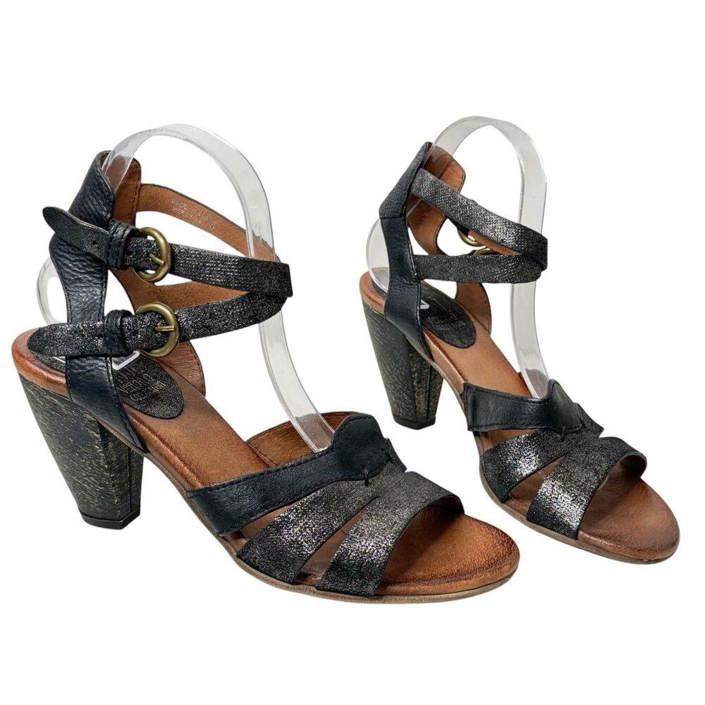 Miz Mooz Metallic Black Block Heel Sandals EU 39 US 8.5 Open Toe Buckle